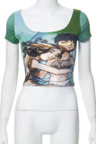 Green Casual Print Patchwork U Neck T-Shirts