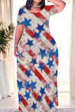 Turquoise Casual Print Patchwork O Neck Straight Dresses