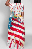 Red Casual Print Patchwork O Neck Straight Dresses