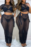 Lemon Yellow Sexy Casual Solid Hollowed Out Frenulum See-through O Neck Short Sleeve Two Pieces