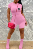Pink Casual Letter Print Zipper O Neck Skinny Rompers