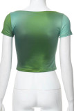 Green Casual Print Patchwork U Neck T-Shirts