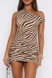 Apricot Sexy Striped Print Ruched Patchwork Oblique Collar Wrapped Skirt Dresses