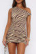 Apricot Sexy Striped Print Ruched Patchwork Oblique Collar Wrapped Skirt Dresses