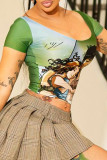 Green Casual Print Patchwork U Neck T-Shirts