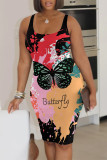 Black Casual Butterfly Print Flowers Gradient Color Contrast U Neck Printed Dresses