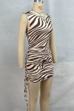Apricot Sexy Striped Print Ruched Patchwork Oblique Collar Wrapped Skirt Dresses