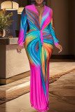 Colour Celebrities Print Patchwork V Neck Long Dresses