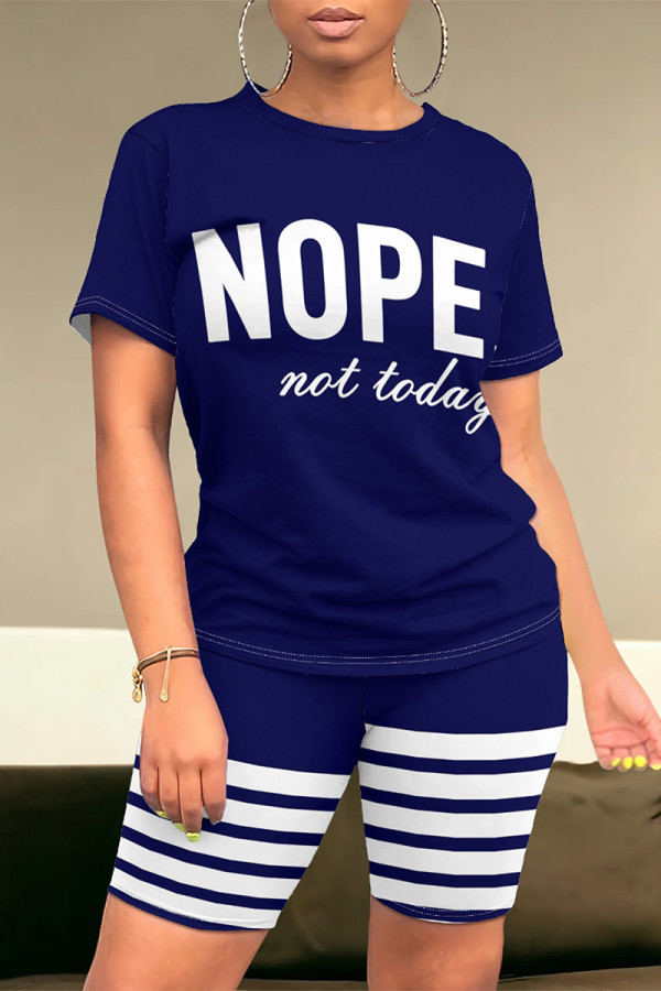 Navy Casual Daily Skull Finger Letter Print Stripe O Neck Short Sleeve Two Pieces