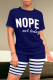 Navy Casual Daily Skull Finger Letter Print Stripe O Neck Short Sleeve Two Pieces