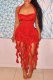 Red Sexy Solid Color Fringed Trim Backless Halter Wrapped Skirt Dresses