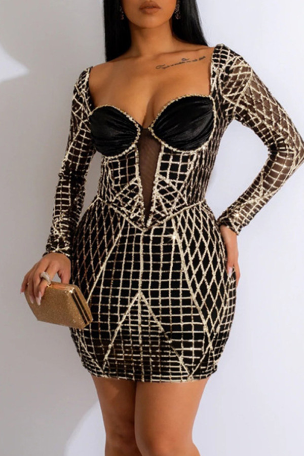Black Sexy Backless Zipper Patchwork U Neck Wrapped Skirt Dresses