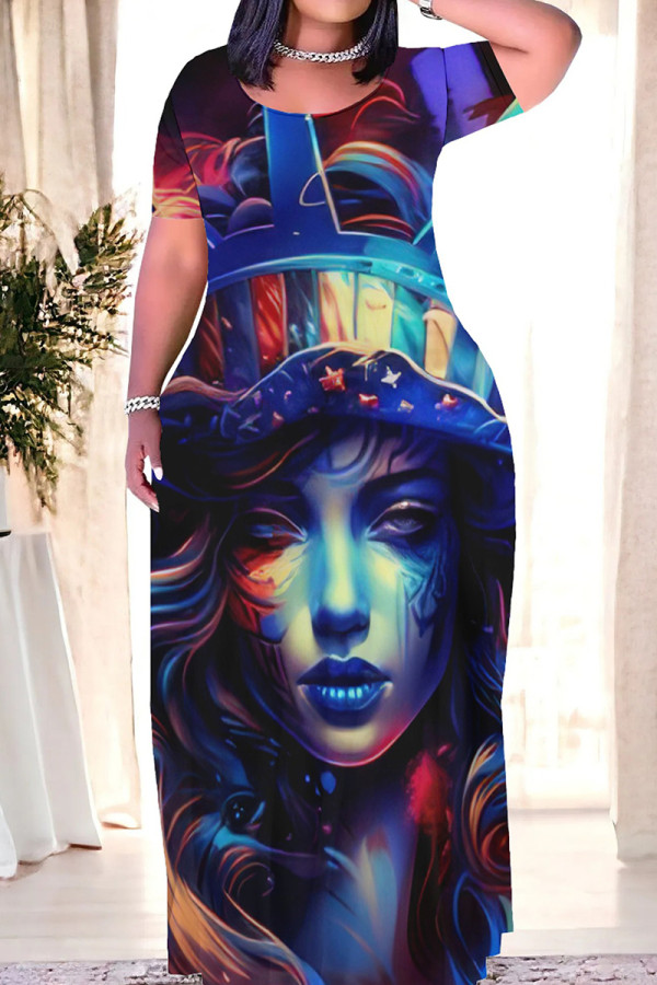 Blue Casual Print Patchwork O Neck Straight Dresses