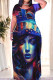 Blue Casual Print Patchwork O Neck Straight Dresses