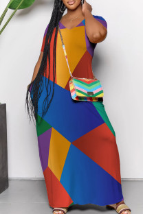 Yellow And Blue Casual Geometric Print Pocket Patchwork V Neck Straight Dresses