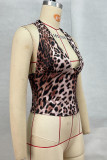 Leopard Print Sexy Leopard Print Backless Patchwork V Neck Tops