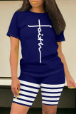 Dark Blue Casual Daily Skull Finger Letter Print Stripe O Neck Short Sleeve Two Pieces