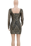 Black Sexy Backless Zipper Patchwork U Neck Wrapped Skirt Dresses