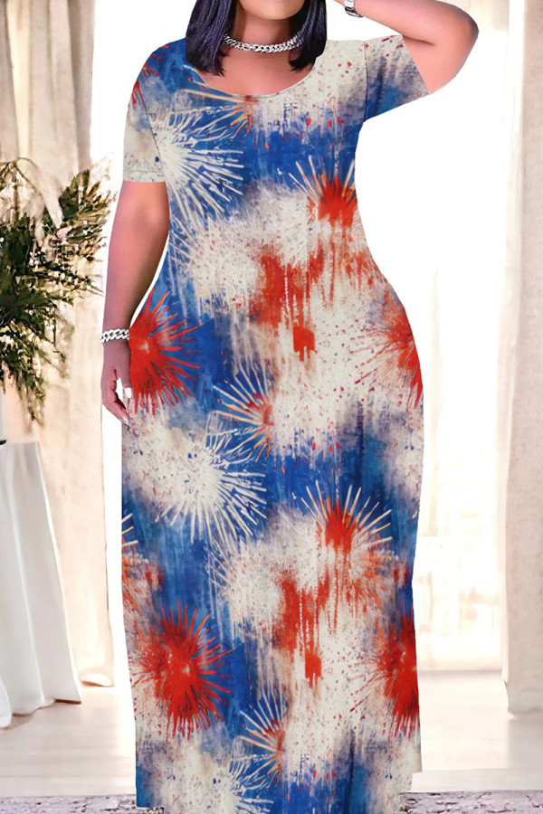 White Blue Red Casual Print Patchwork O Neck Straight Dresses