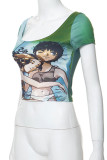 Green Casual Print Patchwork U Neck T-Shirts