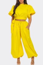 Yellow Casual Solid Color Lace Up O Neck Short Sleeve Two Pieces