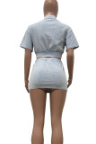 Sky Blue Casual Solid Color Pocket Zipper Patchwork Zipper Collar Short Sleeve Two Pieces
