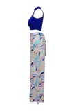 Colorful Blue Casual Print Hollow Out Half A Turtleneck Sleeveless Two Pieces