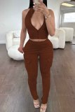 Dark Brown Casual Solid Color Pocket Patchwork Zipper Collar Sleeveless Two Pieces
