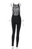 Black Sexy Casual Hot Solid Color Metal Accessories Trim Backless O Neck Skinny Jumpsuits