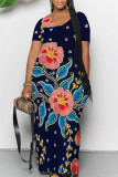 Turquoise Casual Street Floral Print Pocket Contrast V Neck Printed Dresses