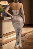 Apricot Celebrities Backless Slit Hot Drill Patchwork Strapless Long Dresses