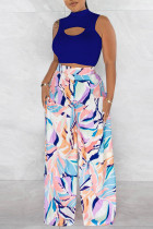 Colorful Blue Casual Print Hollow Out Half A Turtleneck Sleeveless Two Pieces