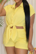 Yellow Casual Solid Color Buckle Patchwork Turndown Collar Short Sleeve Two Pieces