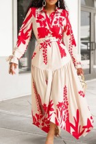 Red Casual Print With Belt Turndown Collar Irregular Dresses