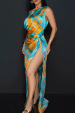 Green Celebrities Print High Slit Ruched Patchwork Oblique Collar Long Dresses