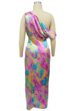 Green Celebrities Print High Slit Ruched Patchwork Oblique Collar Long Dresses