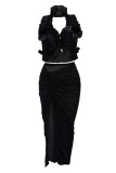 Black Sexy Solid Color Backless Slit Halter Sleeveless Two Pieces