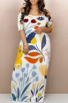 White Blue Casual Daily Floral Print Pocket Off Shoulder Printed Dresses