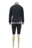 Black Casual Patchwork Hollowed Out Contrast Zipper Collar Long Sleeve Two Pieces