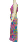 Green Celebrities Print High Slit Ruched Patchwork Oblique Collar Long Dresses