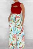 Light Green Casual Print Hollow Out Half A Turtleneck Sleeveless Two Pieces