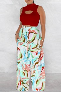 Red Casual Print Hollow Out Half A Turtleneck Sleeveless Two Pieces