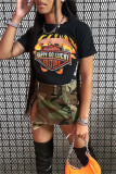 Yellow Casual Letter Print Hollow Out O Neck T-Shirts