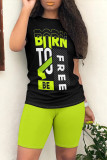 Black Green Casual Cartoon Print Letter Print O Neck Short Sleeve Two Pieces