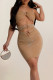Apricot Sexy Hollow Out Backless Hot Drill Patchwork Spaghetti Strap Wrapped Skirt Dresses