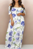 Purplish Blue Casual Daily Floral Print Pocket Off Shoulder Printed Dresses