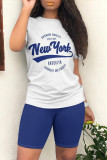 White Blue Casual Cartoon Print Letter Print O Neck Short Sleeve Two Pieces
