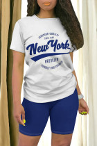 White Blue Casual Cartoon Print Letter Print O Neck Short Sleeve Two Pieces