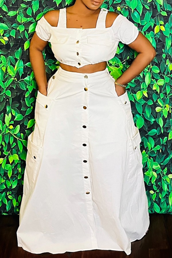 White Casual Solid Color Pocket U Neck Short Sleeve Two Pieces