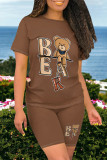 Brown Casual Cartoon Print O Neck Short Sleeve Two Pieces
